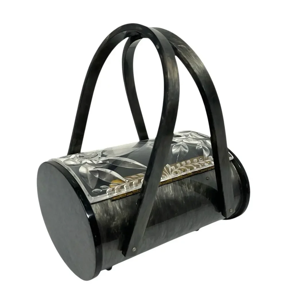 Original Rialto NY Vintage 1950s Lucite Handbag Gray Black Carved Floral Lid